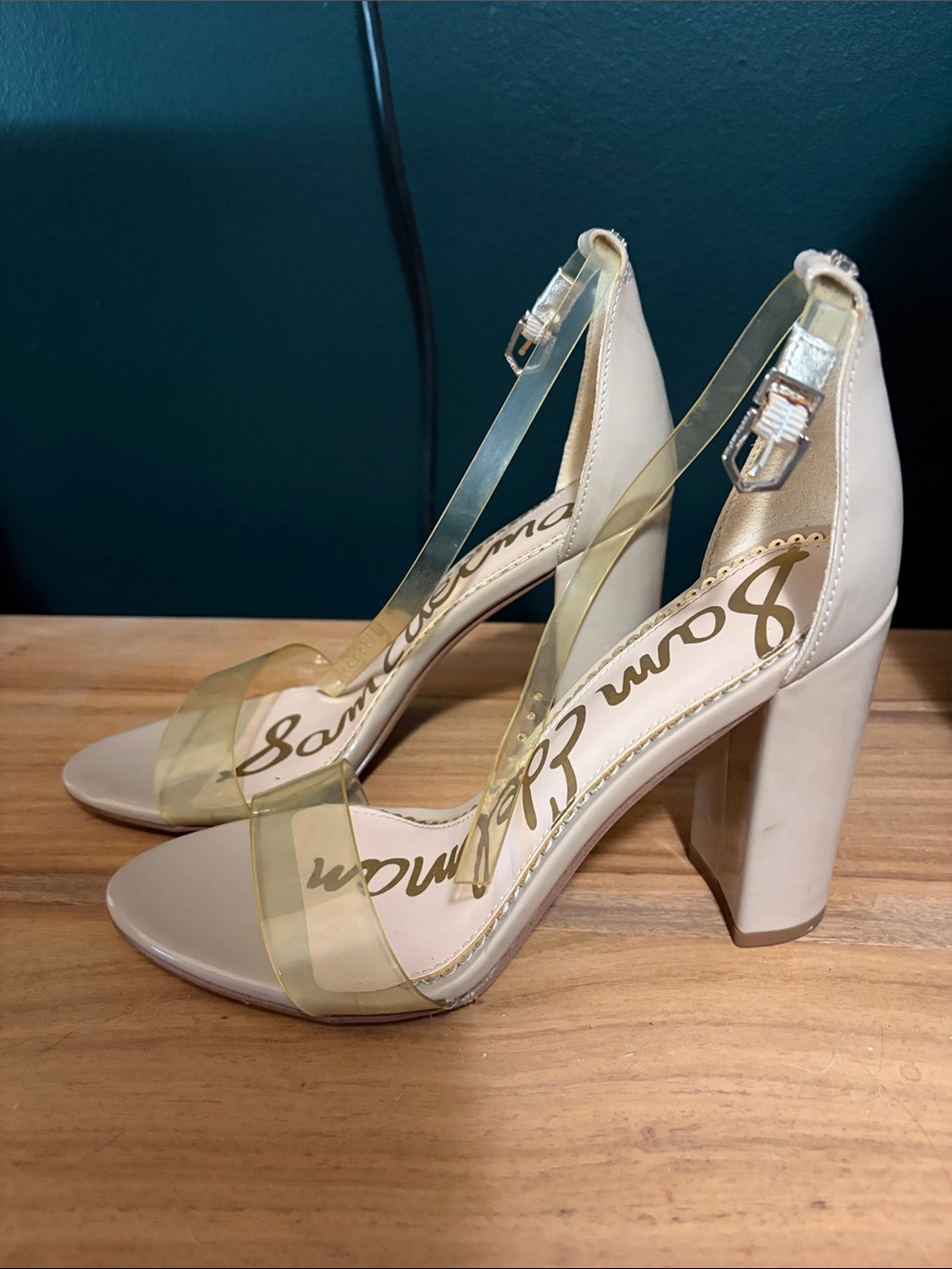 Sam Edelman Cream Block Heel Sandals with Clear Straps